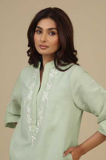 Bunka_Green Cotton, Linen Embroidery Mandarin Collar Anaya Dress _Online_at_Aza_Fashions
