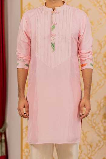 Buy_17:17 By Simmi Saboo_Pink Silk, Cotton Embroidery, Gota Patti Kurta _Online_at_Aza_Fashions