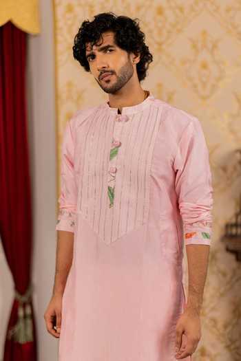 Shop_17:17 By Simmi Saboo_Pink Silk, Cotton Embroidery, Gota Patti Kurta _Online_at_Aza_Fashions