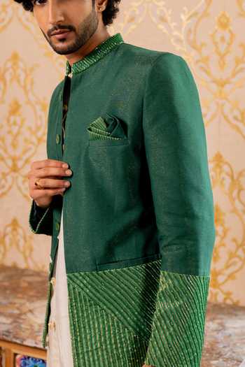 Buy_17:17 By Simmi Saboo_Green Silk, Cotton Bandhgala Kurta Set _Online_at_Aza_Fashions