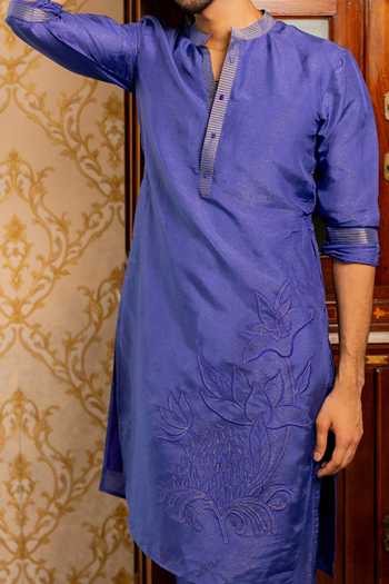 Buy_17:17 By Simmi Saboo_Blue Zari, Foil Printing Solid Shimmer Kurta _Online_at_Aza_Fashions