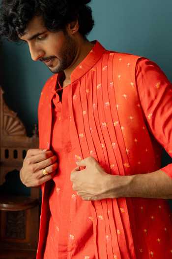 17:17 By Simmi Saboo_Red Silk, Cotton Embroidery, Piping Butti Work Bundi Kurta Set _Online_at_Aza_Fashions