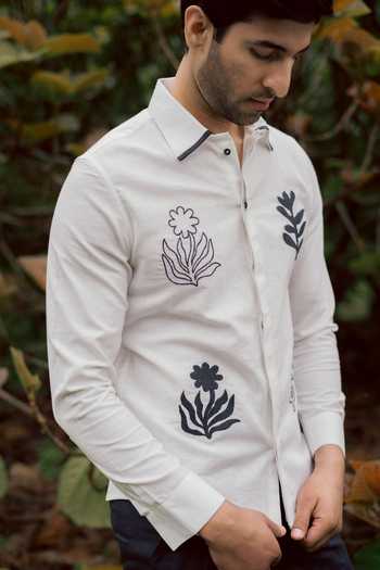 Lacquer Embassy_White Cotton, Linen Embroidery Dusk Shirt _Online_at_Aza_Fashions