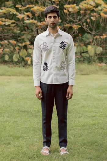 Lacquer Embassy_White Cotton, Linen Embroidery Dusk Shirt _at_Aza_Fashions