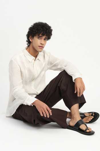 Buy_ABRAHAM AND THAKORE_Ivory Linen Applique Stripe Pattern Shirt _Online_at_Aza_Fashions