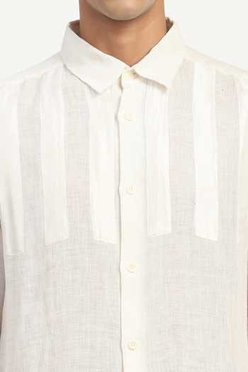ABRAHAM AND THAKORE_Ivory Linen Applique Stripe Pattern Shirt _at_Aza_Fashions