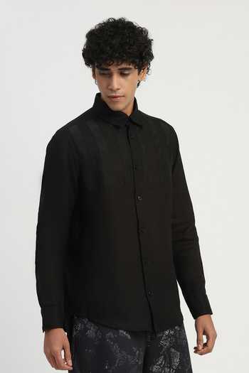 ABRAHAM AND THAKORE_Black Linen Applique Stripe Pattern Shirt _Online_at_Aza_Fashions