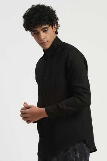 Buy_ABRAHAM AND THAKORE_Black Linen Applique Stripe Pattern Shirt _Online_at_Aza_Fashions