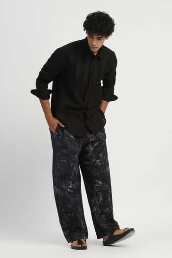 Shop_ABRAHAM AND THAKORE_Black Linen Applique Stripe Pattern Shirt _Online_at_Aza_Fashions