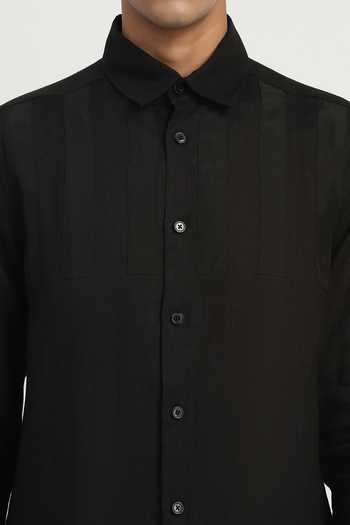 ABRAHAM AND THAKORE_Black Linen Applique Stripe Pattern Shirt _at_Aza_Fashions