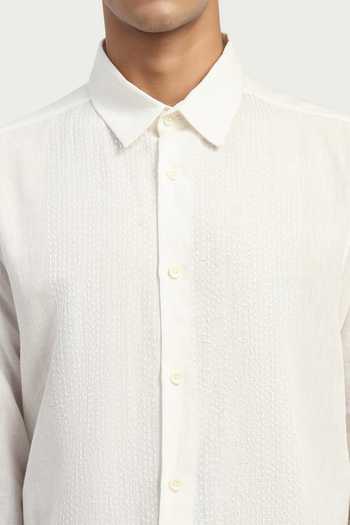 ABRAHAM AND THAKORE_Ivory Cotton, Linen Embroidery Stab Shirt _Online_at_Aza_Fashions