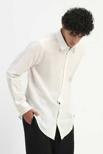 ABRAHAM AND THAKORE_Ivory Cotton, Linen Embroidery Stab Shirt _at_Aza_Fashions