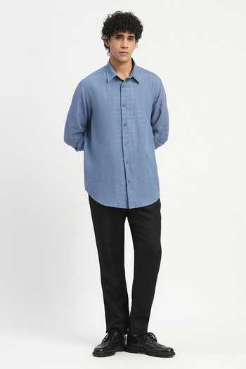 ABRAHAM AND THAKORE_Blue Cotton, Linen Embroidery Aari Checks Shirt _Online_at_Aza_Fashions
