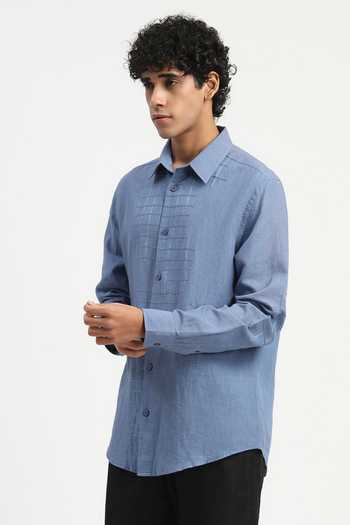 Buy_ABRAHAM AND THAKORE_Blue Cotton, Linen Embroidery Aari Checks Shirt _Online_at_Aza_Fashions