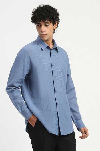 Shop_ABRAHAM AND THAKORE_Blue Cotton, Linen Embroidery Aari Checks Shirt _Online_at_Aza_Fashions