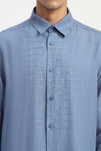 ABRAHAM AND THAKORE_Blue Cotton, Linen Embroidery Aari Checks Shirt _at_Aza_Fashions