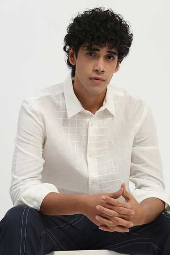 Buy_ABRAHAM AND THAKORE_Ivory Cotton, Linen Embroidery Aari Shirt _Online_at_Aza_Fashions