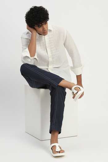 ABRAHAM AND THAKORE_Ivory Cotton, Linen Embroidery Aari Shirt _at_Aza_Fashions