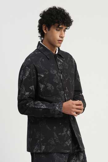 ABRAHAM AND THAKORE_Black Cotton News Print Shirt _Online_at_Aza_Fashions
