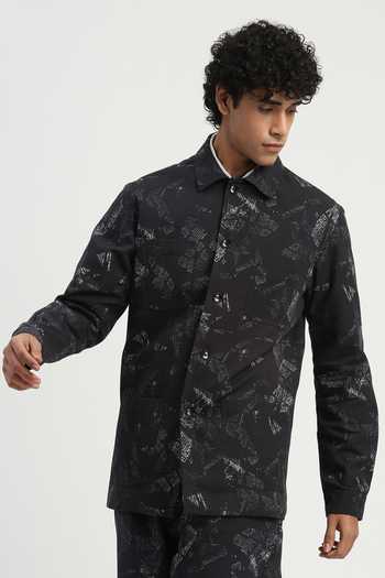 Shop_ABRAHAM AND THAKORE_Black Cotton News Print Shirt _Online_at_Aza_Fashions