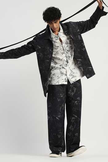 ABRAHAM AND THAKORE_Black Cotton News Print Shirt _at_Aza_Fashions