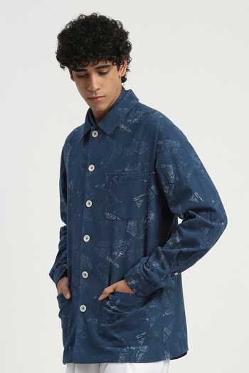 ABRAHAM AND THAKORE_Navy Cotton News Print Shirt _Online_at_Aza_Fashions