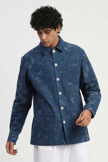 Shop_ABRAHAM AND THAKORE_Navy Cotton News Print Shirt _Online_at_Aza_Fashions