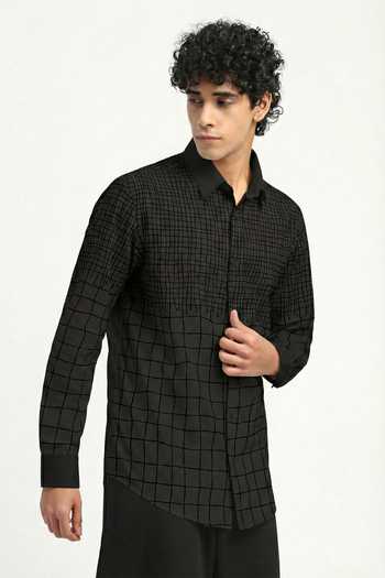 ABRAHAM AND THAKORE_Black Cambric Embroidery Aari Shirt _at_Aza_Fashions
