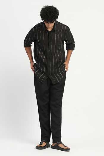 ABRAHAM AND THAKORE_Black Linen Embroidery Aari Stripe Shirt _Online_at_Aza_Fashions