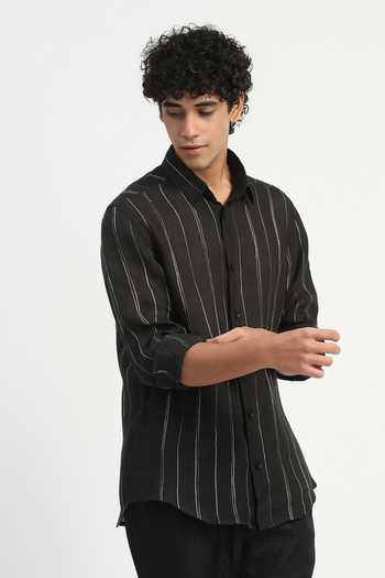 Buy_ABRAHAM AND THAKORE_Black Linen Embroidery Aari Stripe Shirt _Online_at_Aza_Fashions