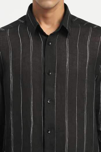 Shop_ABRAHAM AND THAKORE_Black Linen Embroidery Aari Stripe Shirt _Online_at_Aza_Fashions