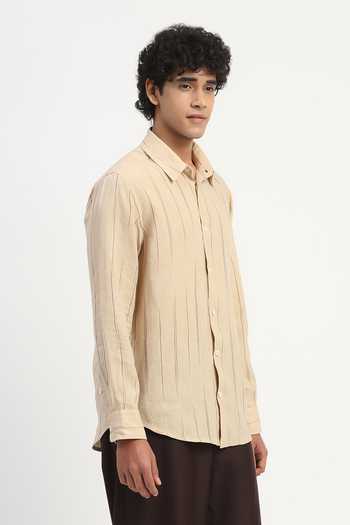 ABRAHAM AND THAKORE_Beige Linen Embroidery Shaded Aari Stripes Pattern Shirt _Online_at_Aza_Fashions