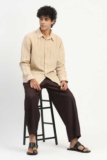 Buy_ABRAHAM AND THAKORE_Beige Linen Embroidery Shaded Aari Stripes Pattern Shirt _Online_at_Aza_Fashions
