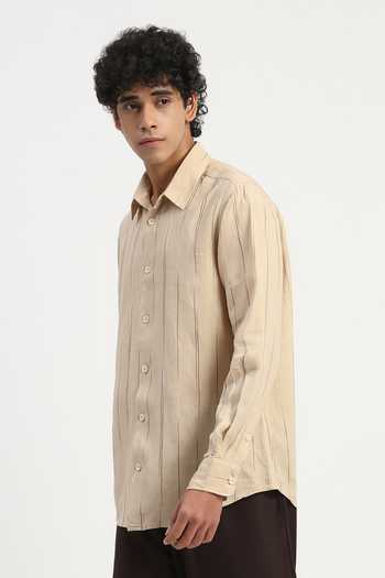 Shop_ABRAHAM AND THAKORE_Beige Linen Embroidery Shaded Aari Stripes Pattern Shirt _Online_at_Aza_Fashions