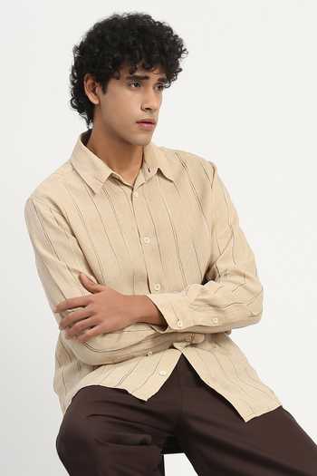 ABRAHAM AND THAKORE_Beige Linen Embroidery Shaded Aari Stripes Pattern Shirt _at_Aza_Fashions