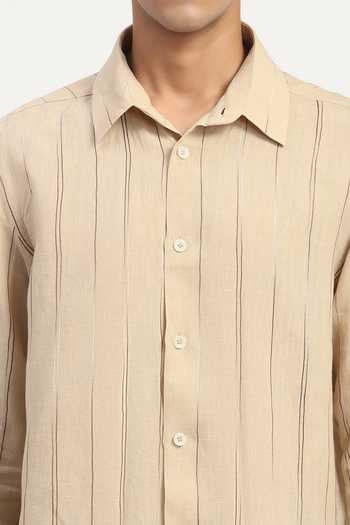 Buy_ABRAHAM AND THAKORE_Beige Linen Embroidery Shaded Aari Stripes Pattern Shirt 