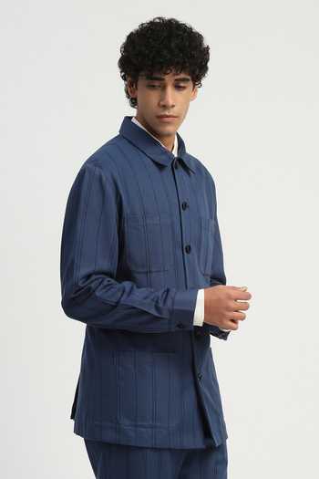 Buy_ABRAHAM AND THAKORE_Blue Cotton Embroidery Shaded Aari Stripe Shirt _Online_at_Aza_Fashions