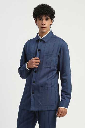 Shop_ABRAHAM AND THAKORE_Blue Cotton Embroidery Shaded Aari Stripe Shirt _Online_at_Aza_Fashions