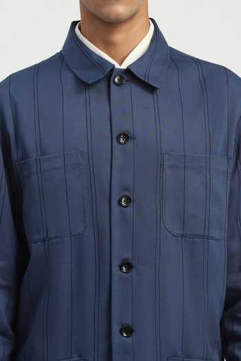 ABRAHAM AND THAKORE_Blue Cotton Embroidery Shaded Aari Stripe Shirt _at_Aza_Fashions