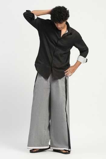 ABRAHAM AND THAKORE_Black Cambric Trapunto Stripe Shirt _Online_at_Aza_Fashions
