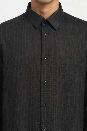 Buy_ABRAHAM AND THAKORE_Black Cambric Trapunto Stripe Shirt _Online_at_Aza_Fashions
