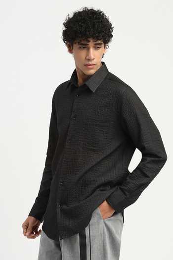 Shop_ABRAHAM AND THAKORE_Black Cambric Trapunto Stripe Shirt _Online_at_Aza_Fashions