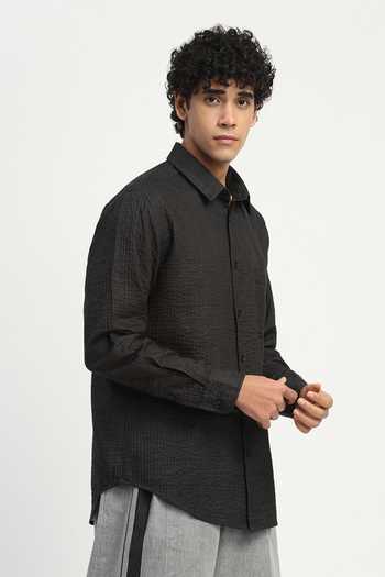 ABRAHAM AND THAKORE_Black Cambric Trapunto Stripe Shirt _at_Aza_Fashions