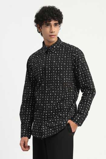 Buy_ABRAHAM AND THAKORE_Black Cambric Alphabet Print Shirt _Online_at_Aza_Fashions