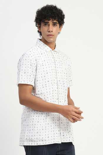 Shop_ABRAHAM AND THAKORE_Ivory Cambric Alphabet Print Shirt _Online_at_Aza_Fashions