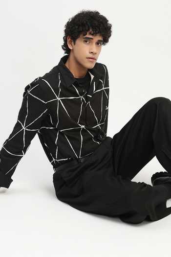 ABRAHAM AND THAKORE_Black Cambric Applique Triangle Embroidered Shirt _Online_at_Aza_Fashions