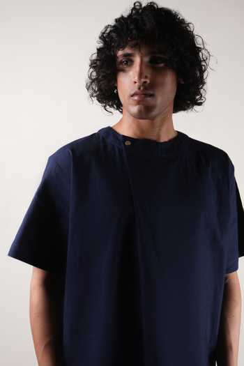 MATI_Blue Cotton Overlap T-shirt _Online_at_Aza_Fashions