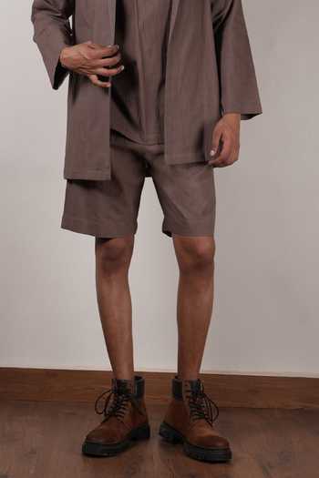 Shop_MATI_Beige Cotton Overlap T-shirt And Shorts Set _Online_at_Aza_Fashions