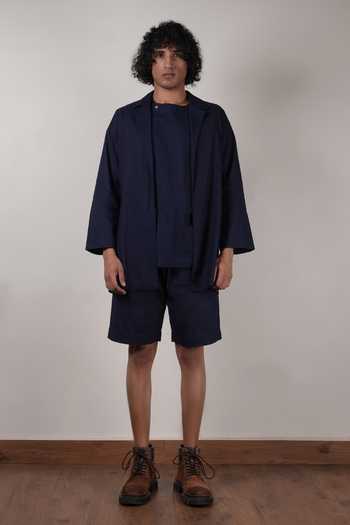 MATI_Blue Cotton Overlap T-shirt And Jacket Set _at_Aza_Fashions