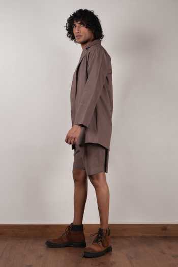 MATI_Beige Cotton Full Sleeve Jacket Shorts Set _Online_at_Aza_Fashions
